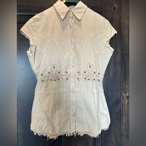 Cream Button-Up Blouse with Embroidery